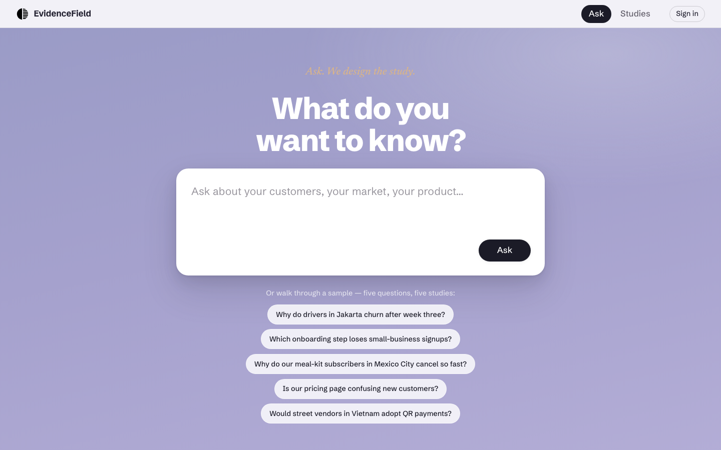 The Ask screen — a plain-language question box, with five sample prompts below it.