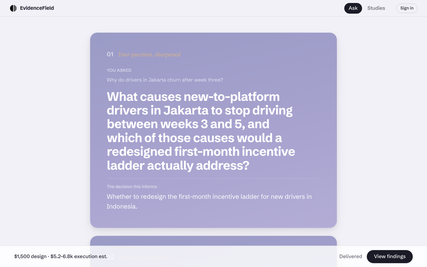 The Brief screen — the sharpened question, the decision it informs, mode and price on one slide.